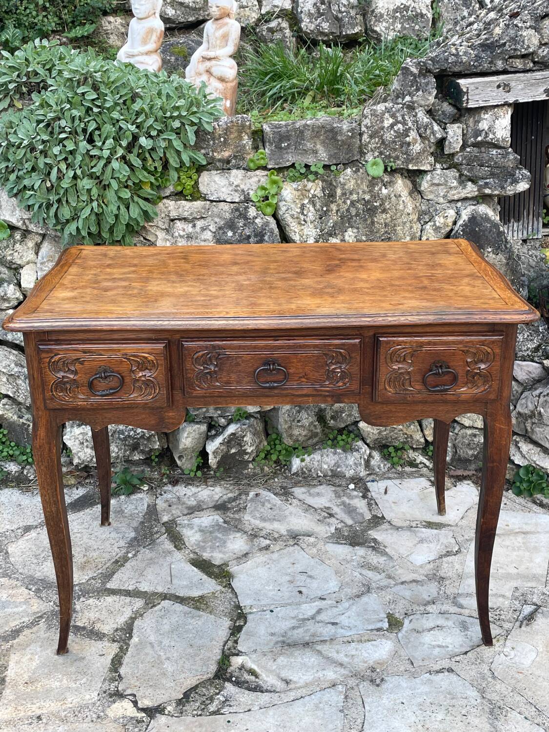 Louis XV style carved solid oak writing table, 19th century