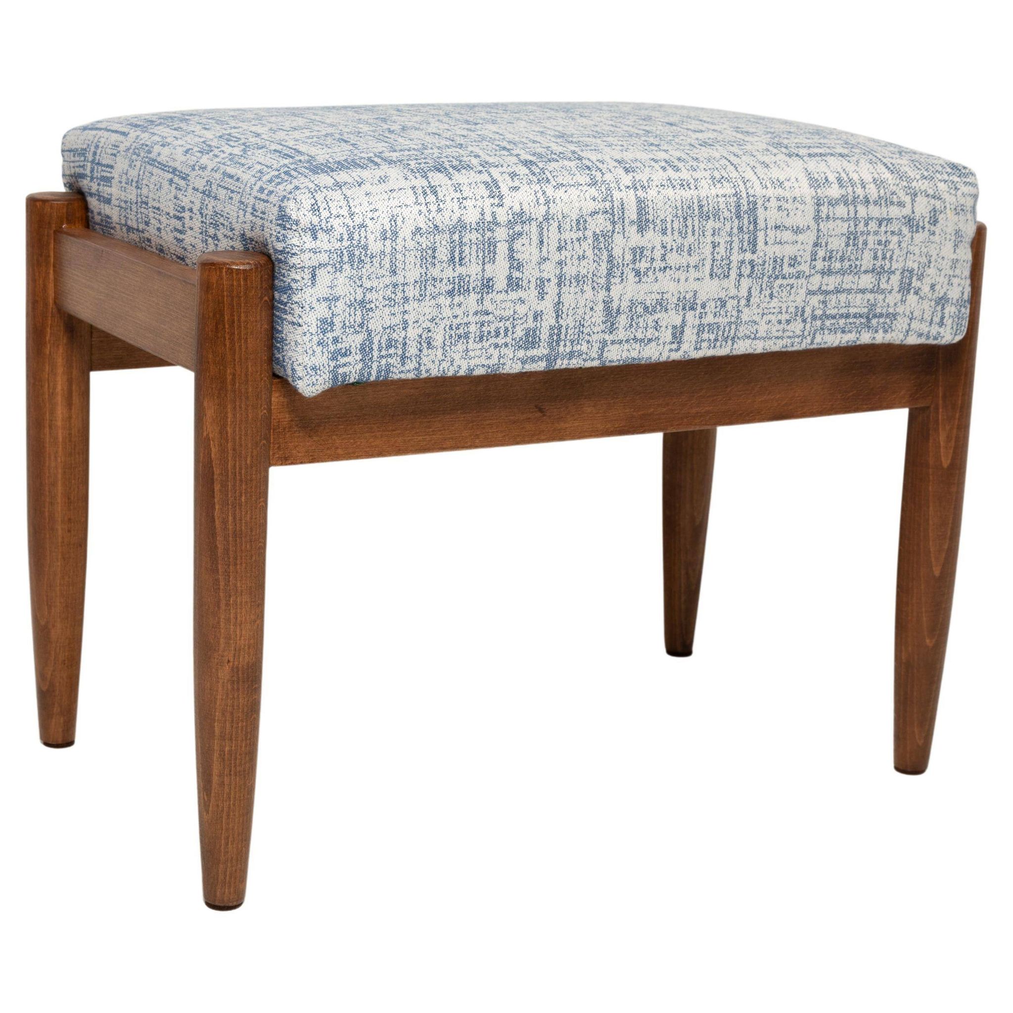 Mid-century vintage stool in white and blue linen, Edmund Homa, Europe, 1960s.