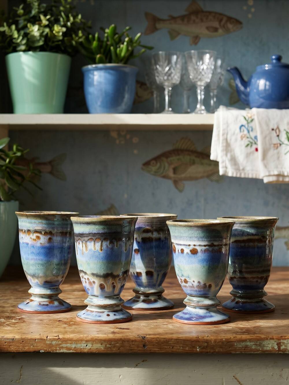 Set of 5 ceramic workshop mazagrans, glazed, 1960s-1980s.