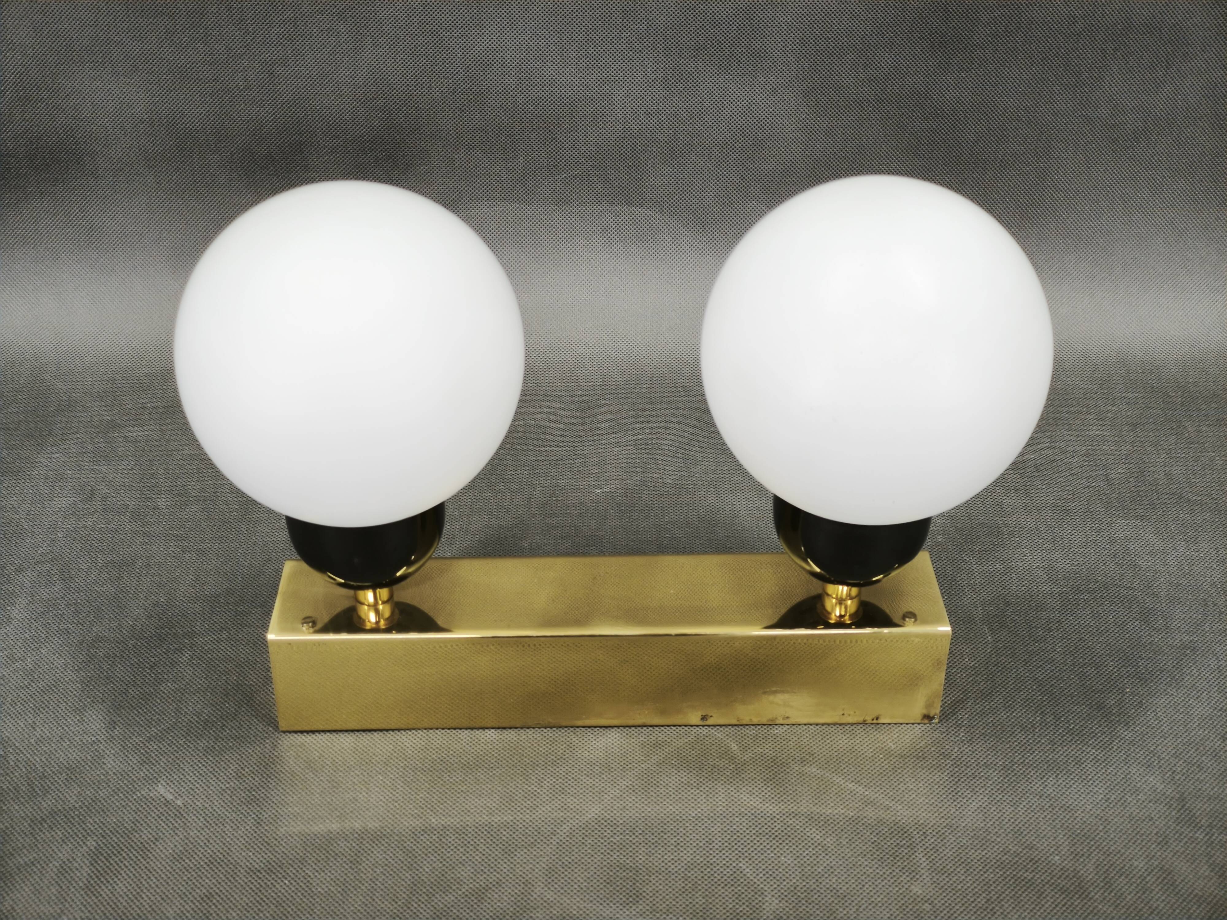 Kamenický Šenov Brass Double Globe Wall Light, Czechoslovakia, 1970s