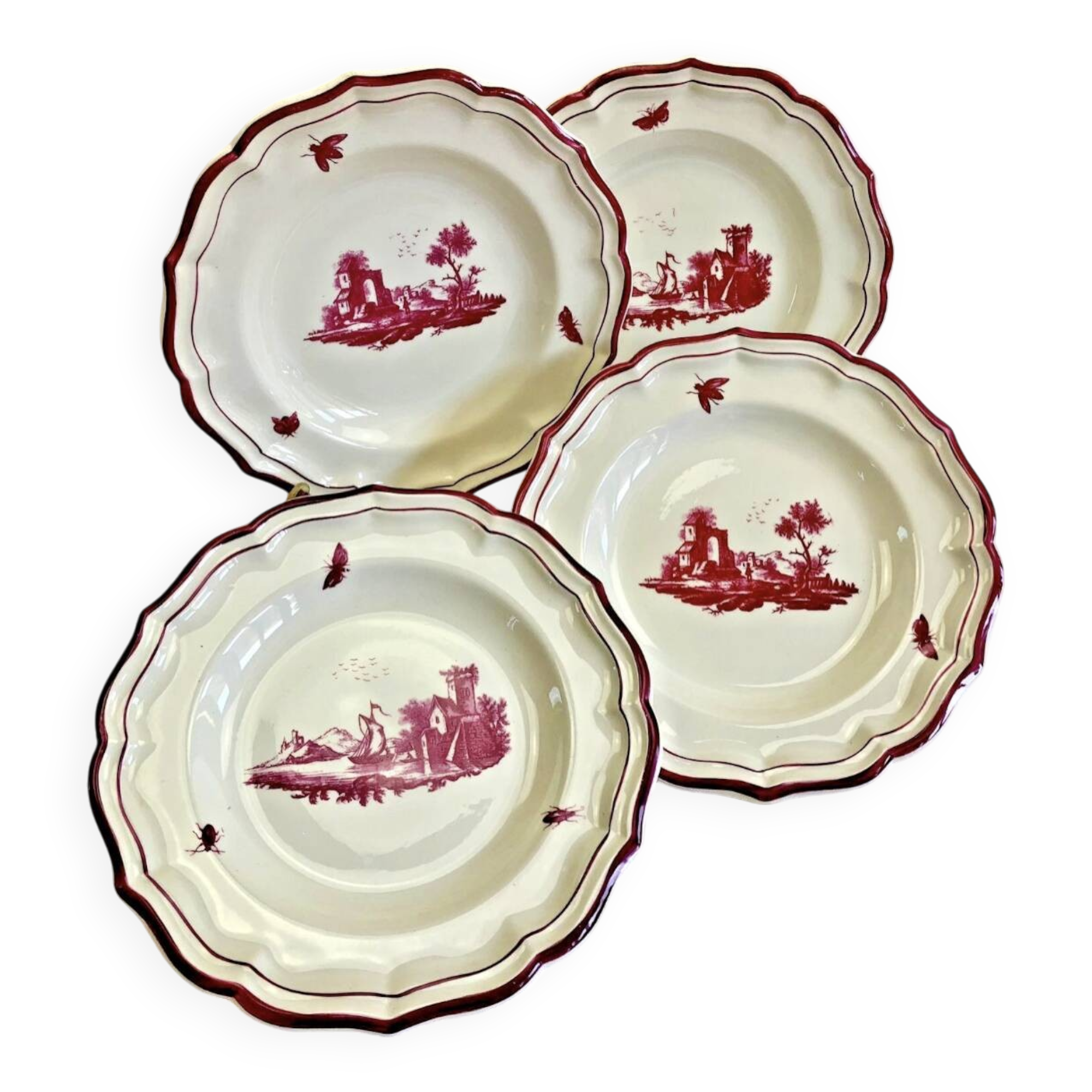 4 old Gien soup plates, pink landscape pattern, 1938/1960