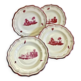 4 old Gien soup plates, pink landscape pattern, 1938/1960