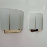 Pair of vintage wall lights, gilded brass and sandblasted glass, Italy 1970