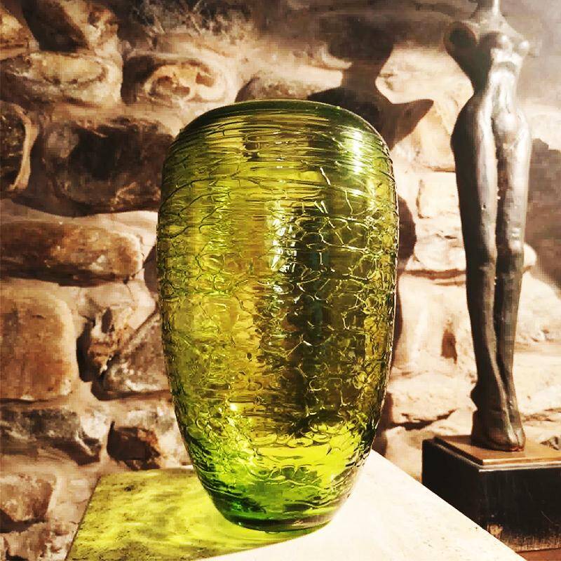1970s green vase in hand worked Murano glass - made in Italy. 31 cm high.
