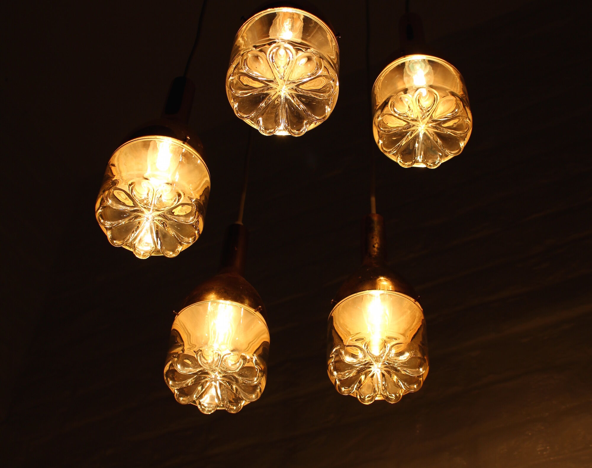 Hanging lamp brass waterfall and blown glass
