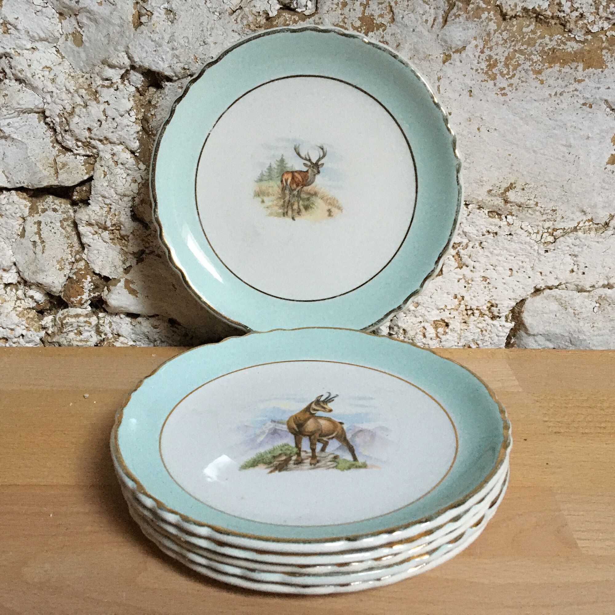 Set of 6 Dessert Plates Stamped "Orchies Moulin des Loup", Model St Hubert