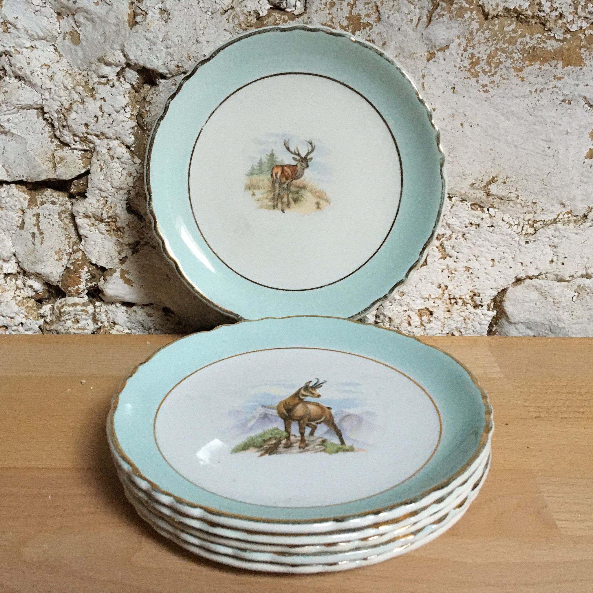 Set of 6 Dessert Plates Stamped "Orchies Moulin des Loup", Model St Hubert