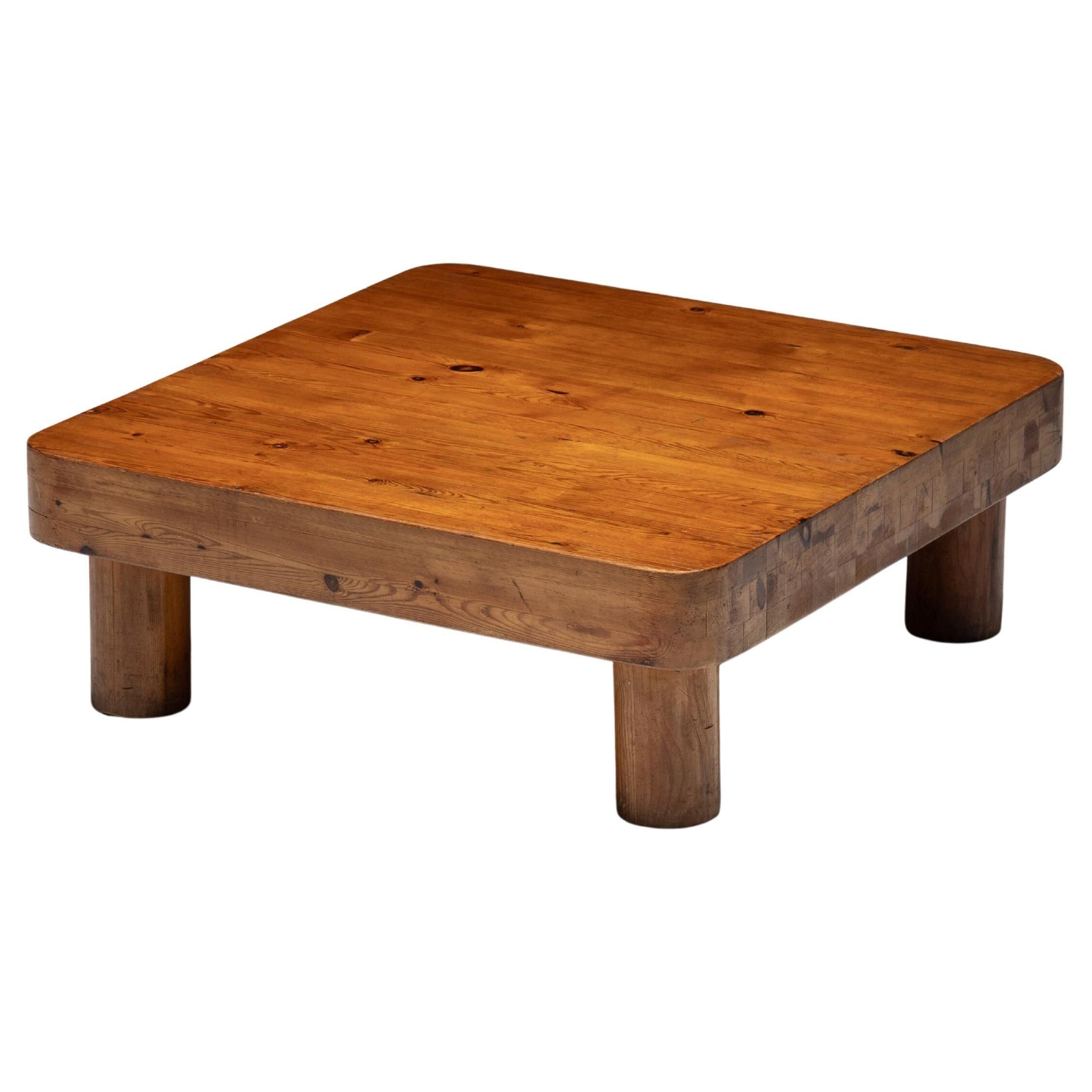 Brutalist pine low coffee table, France, 1960s
