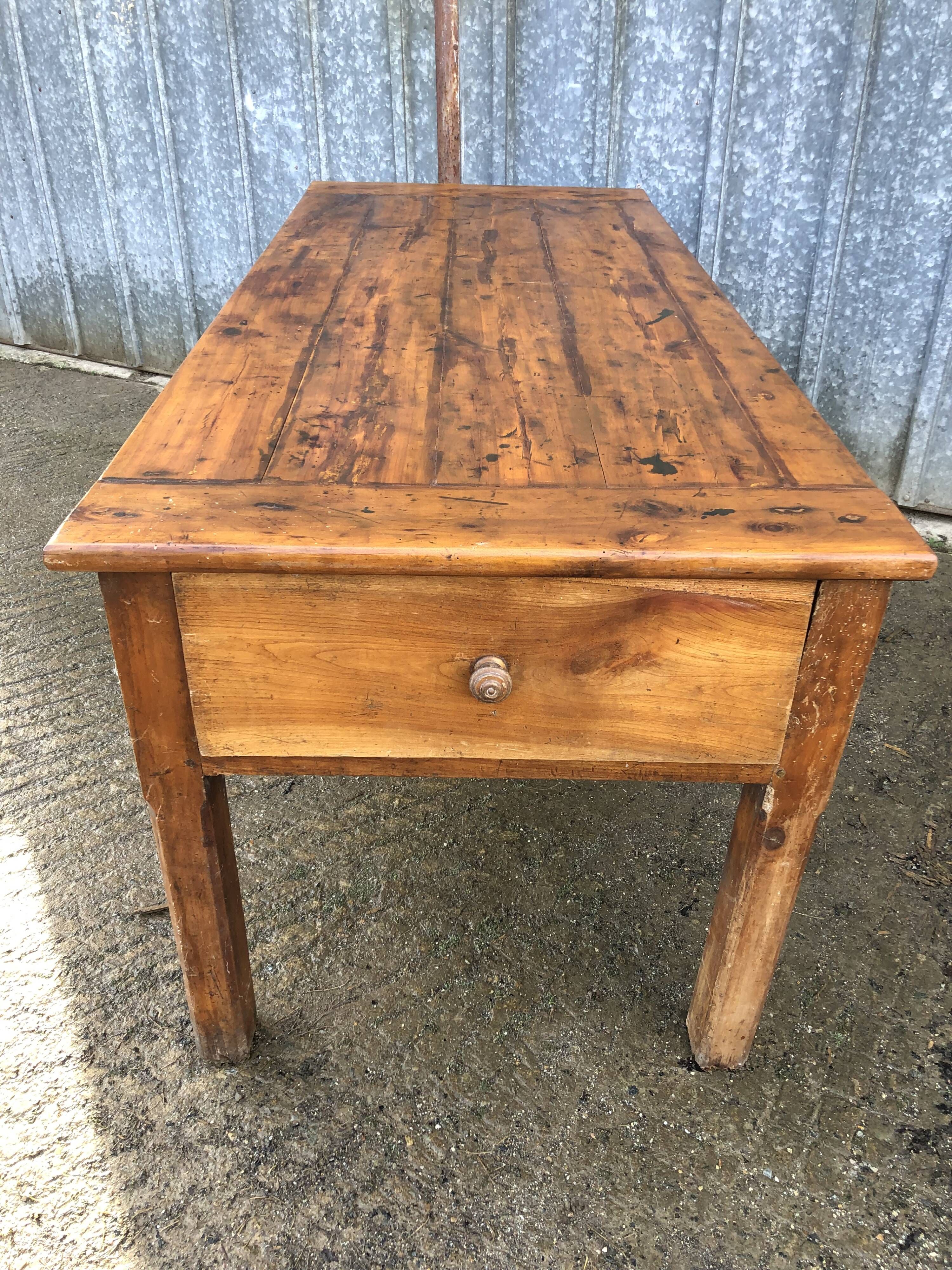 Antique Rustic Solid Cherry Farmhouse Table with 3 Drawers and 1 Pull Out