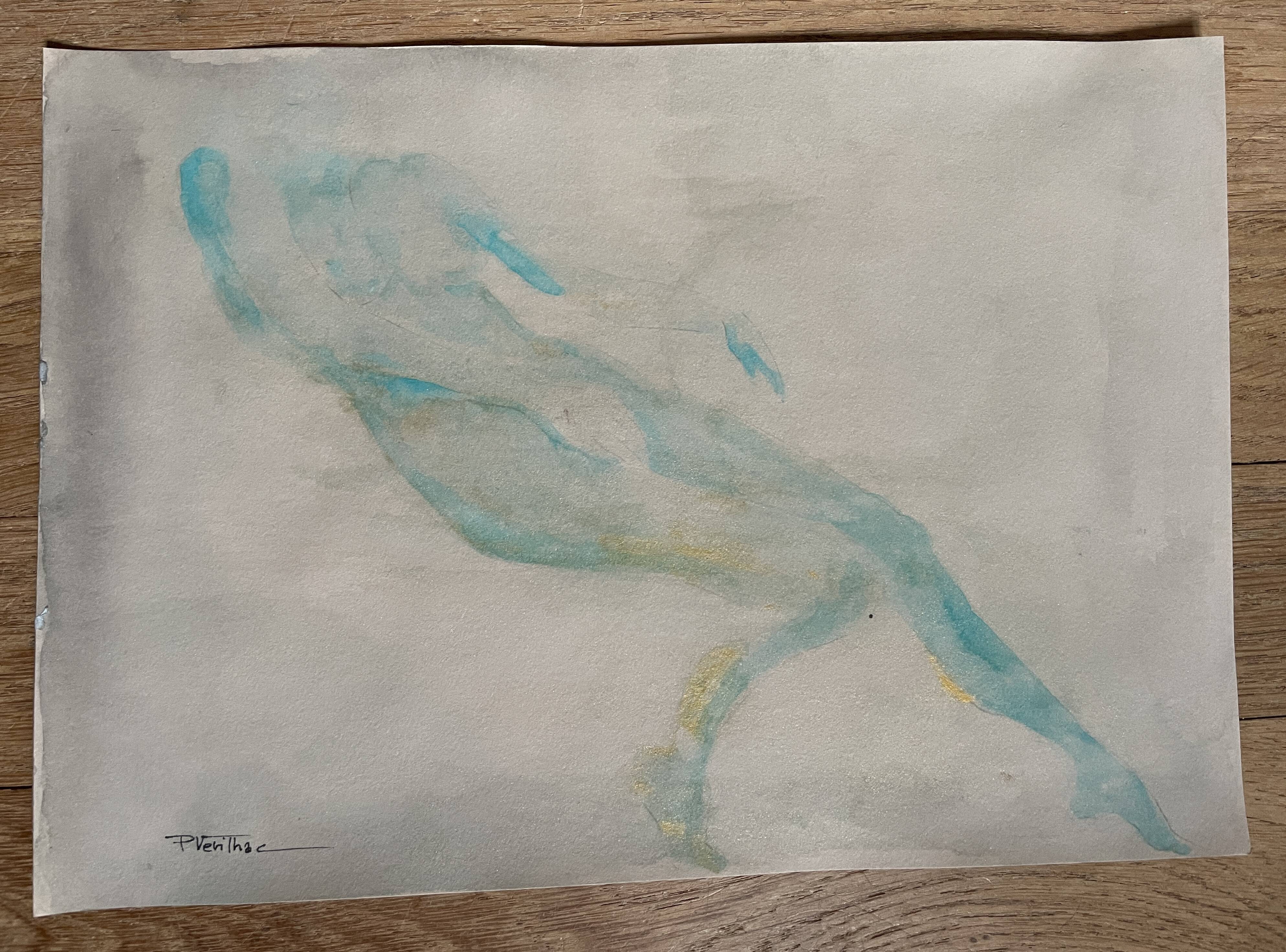 Tableau signé aquarelle monochrome « étude femme allongée »