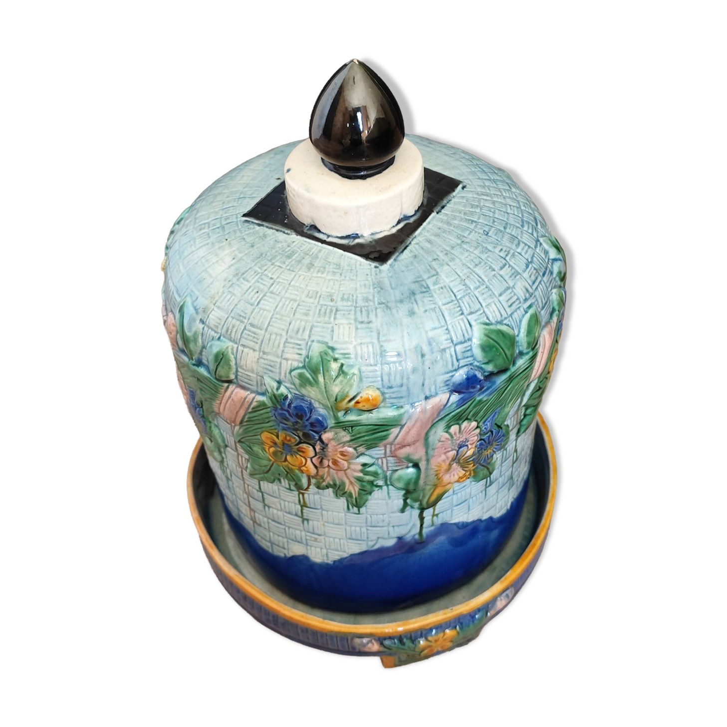 Antique Victorian Art Majolica Earthenware Cheese Cover with Dish