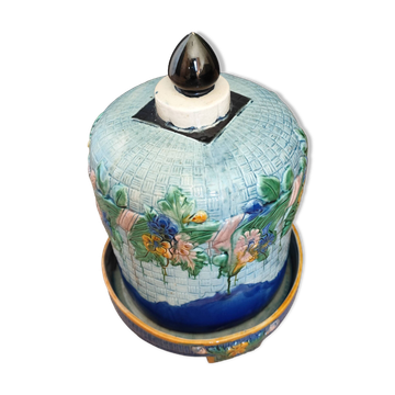 Cloche à fromage antique avec son plat en majolique Victorienne