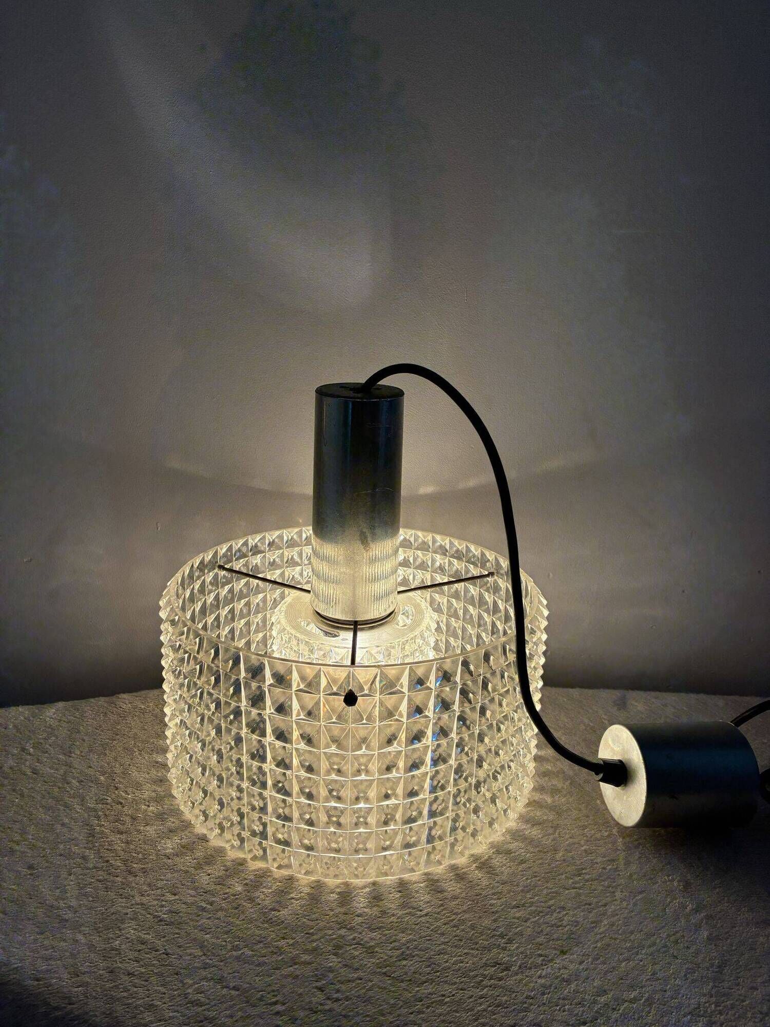 Acrylic pendant light with diamond pattern, chrome, 1970s