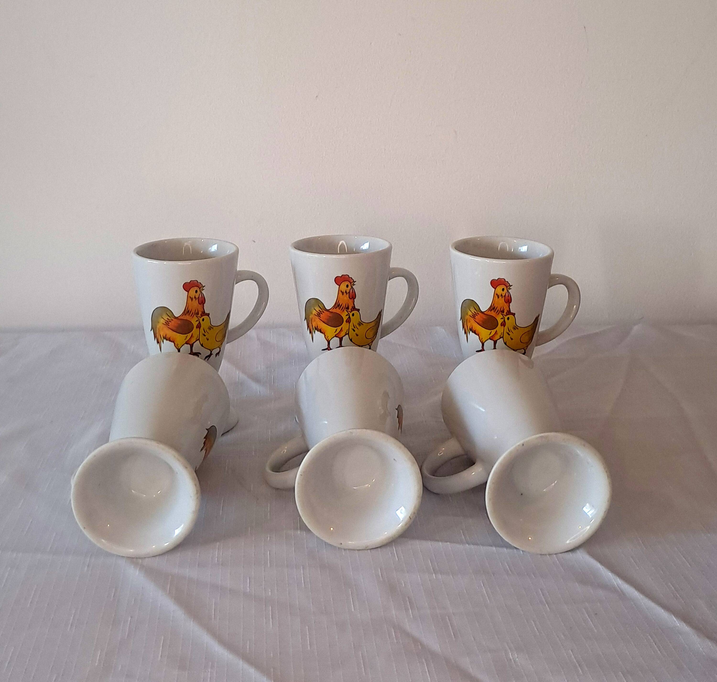 Set of 6 vintage ceramic mugs - rooster & hen motif - retro country style