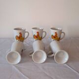 Set of 6 vintage ceramic mugs - rooster & hen motif - retro country style