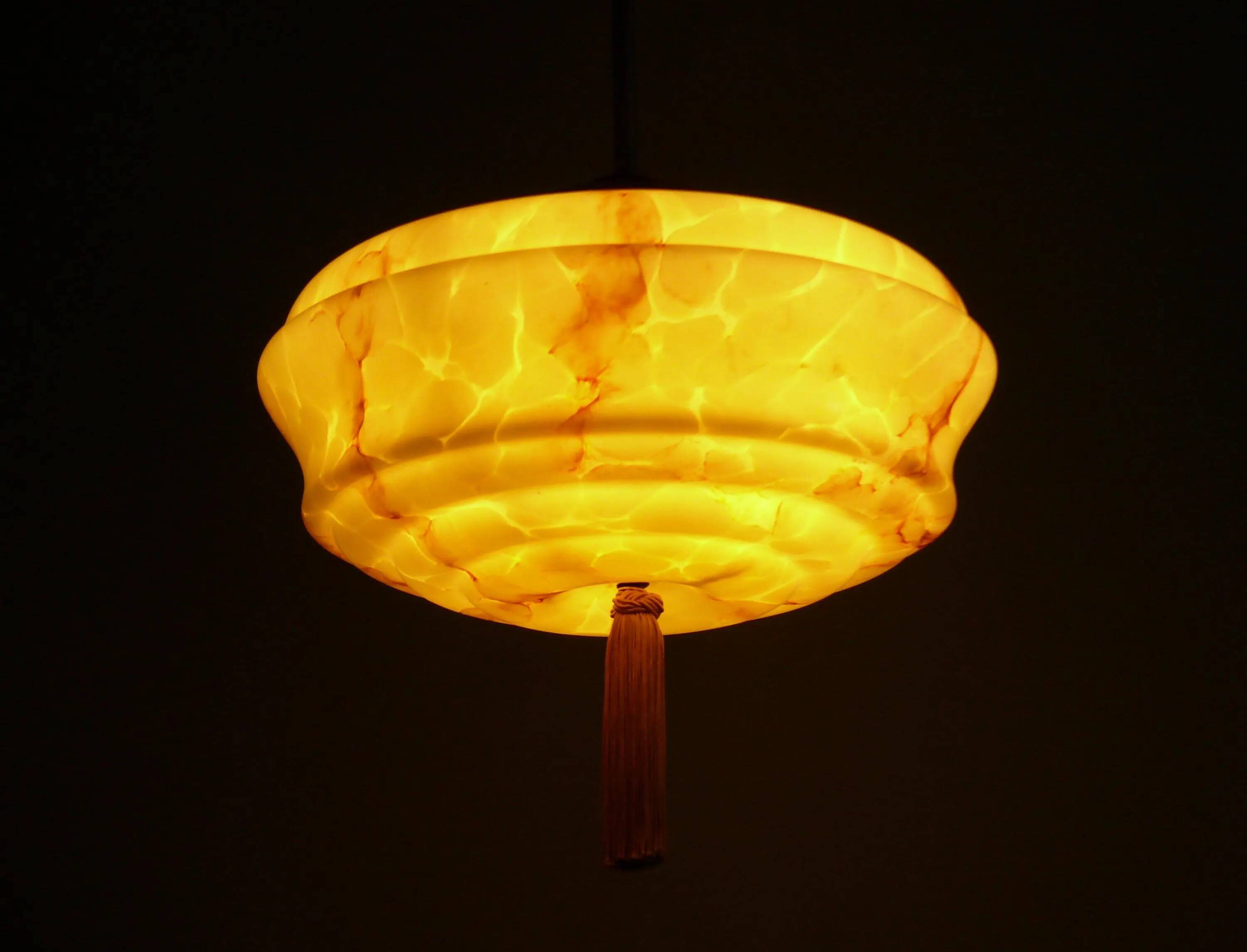 Art Deco rod pendant lamp with marbled glass shade, Germany 1930s
