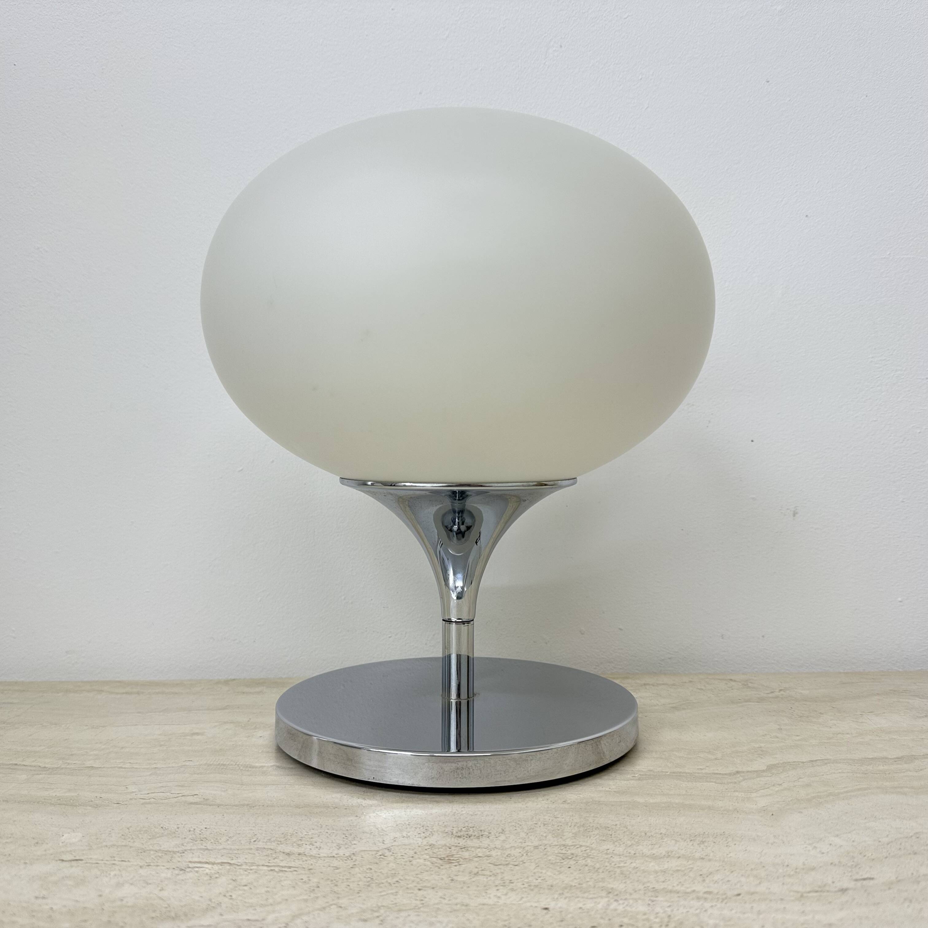 Opaline glass chromed steel & cast iron Space Age lamp by Kaiser Leuchten,