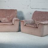 Cinna, pair of armchairs foam and velvet ras pink pale, France, circa 1970