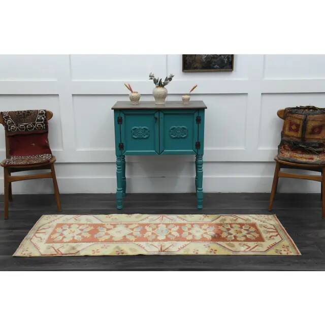 1970s Vintage Turkish Handmade Wool & Cotton Orange Runner Rug 69X196