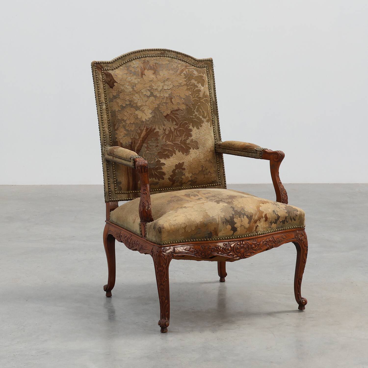 Carved Walnut Armchair with Cabriole Legs and Tapestry Upholstery, France