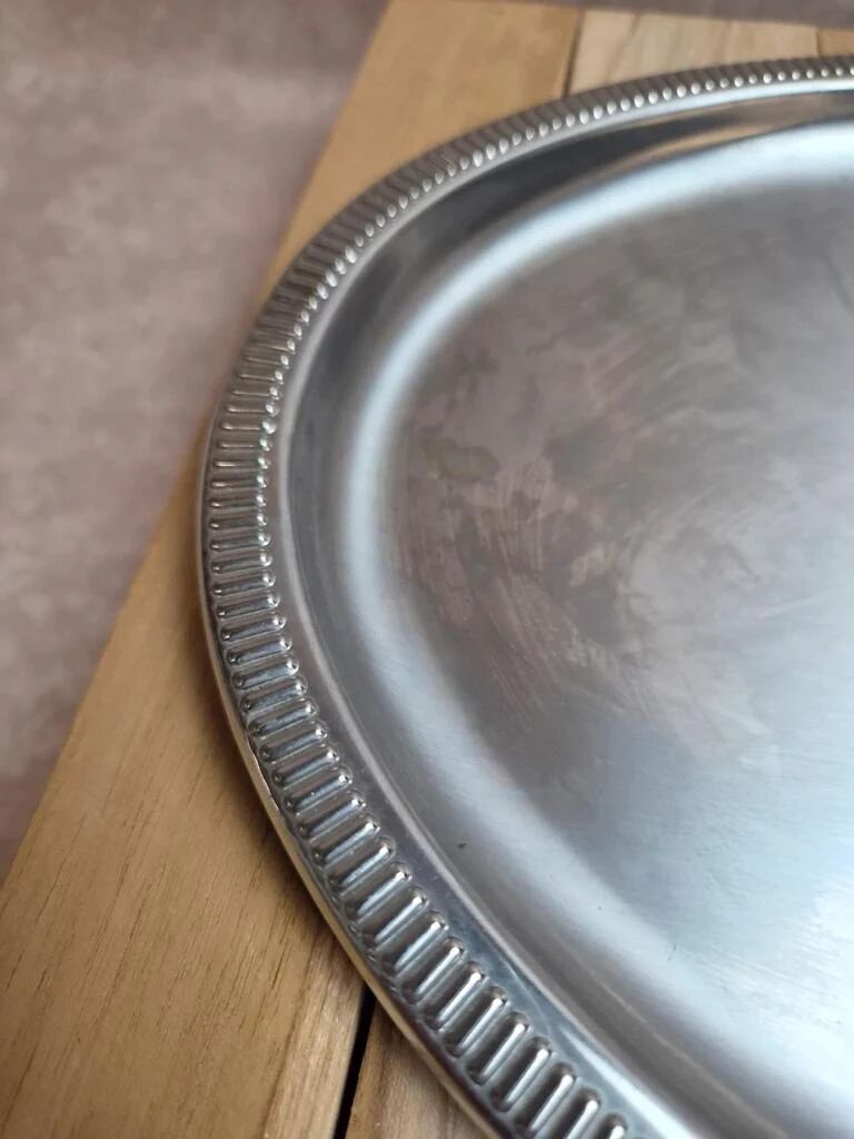 Vintage silver-plated metal tray with a segmented glass aperitif dish.