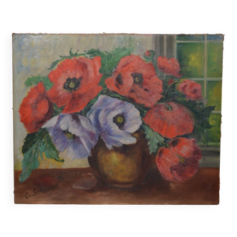 C. Steveniers - French School of the 20th century Still life with poppies. Oil on canvas signed