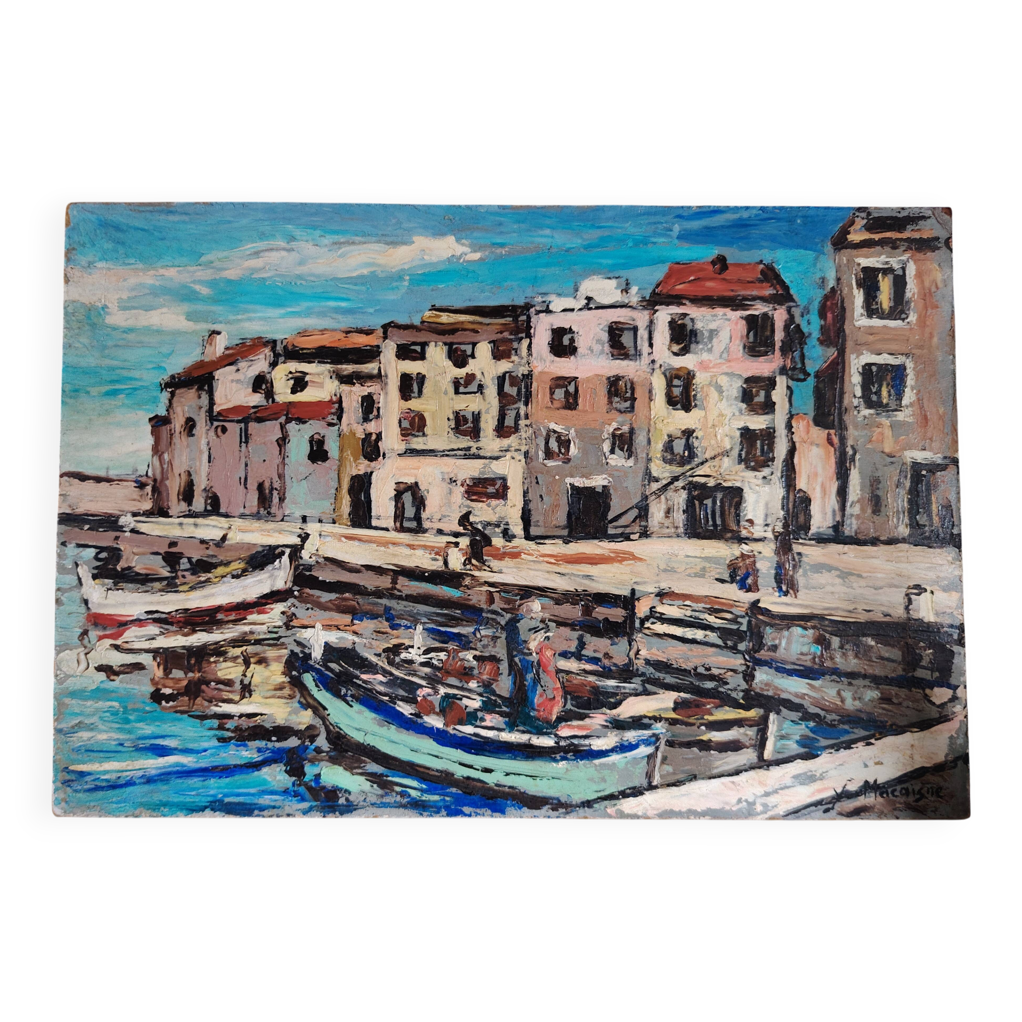 Tableau port de pêche - huile signé y.macaigne - peint sur plaque bois