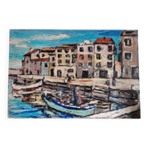 Tableau port de pêche - huile signé y.macaigne - peint sur plaque bois