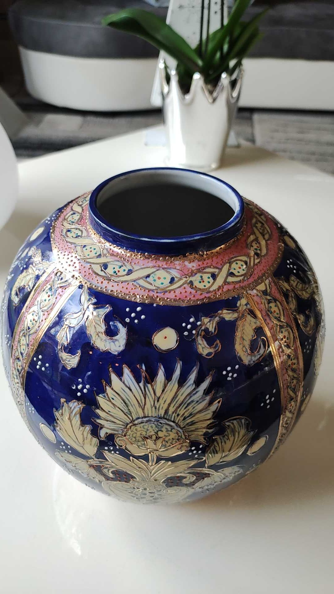 Handcrafted Chinese vase shaped ball in enamelled ceramic. Floral motifs/Ribboned friezes