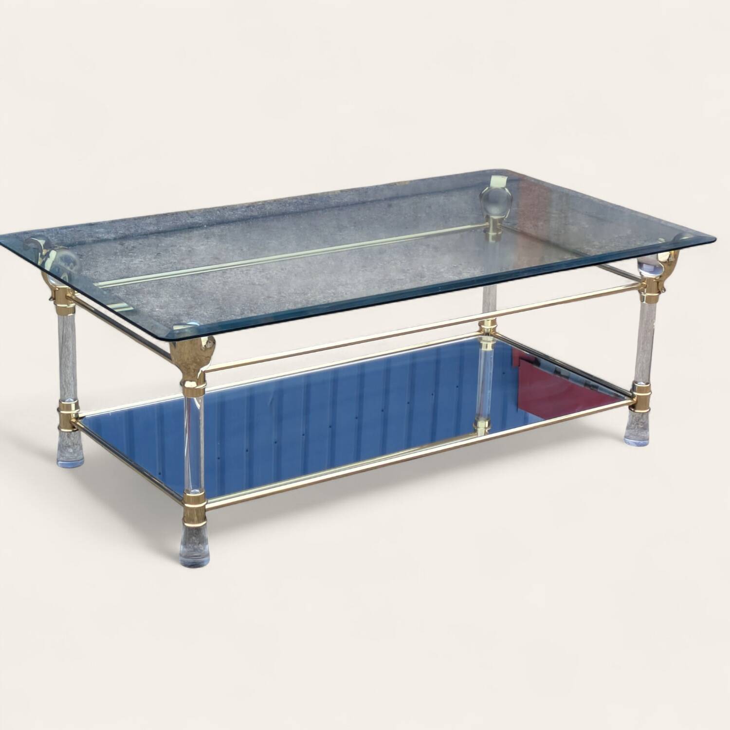 Table basse double plateau en verre et miroir vintage
