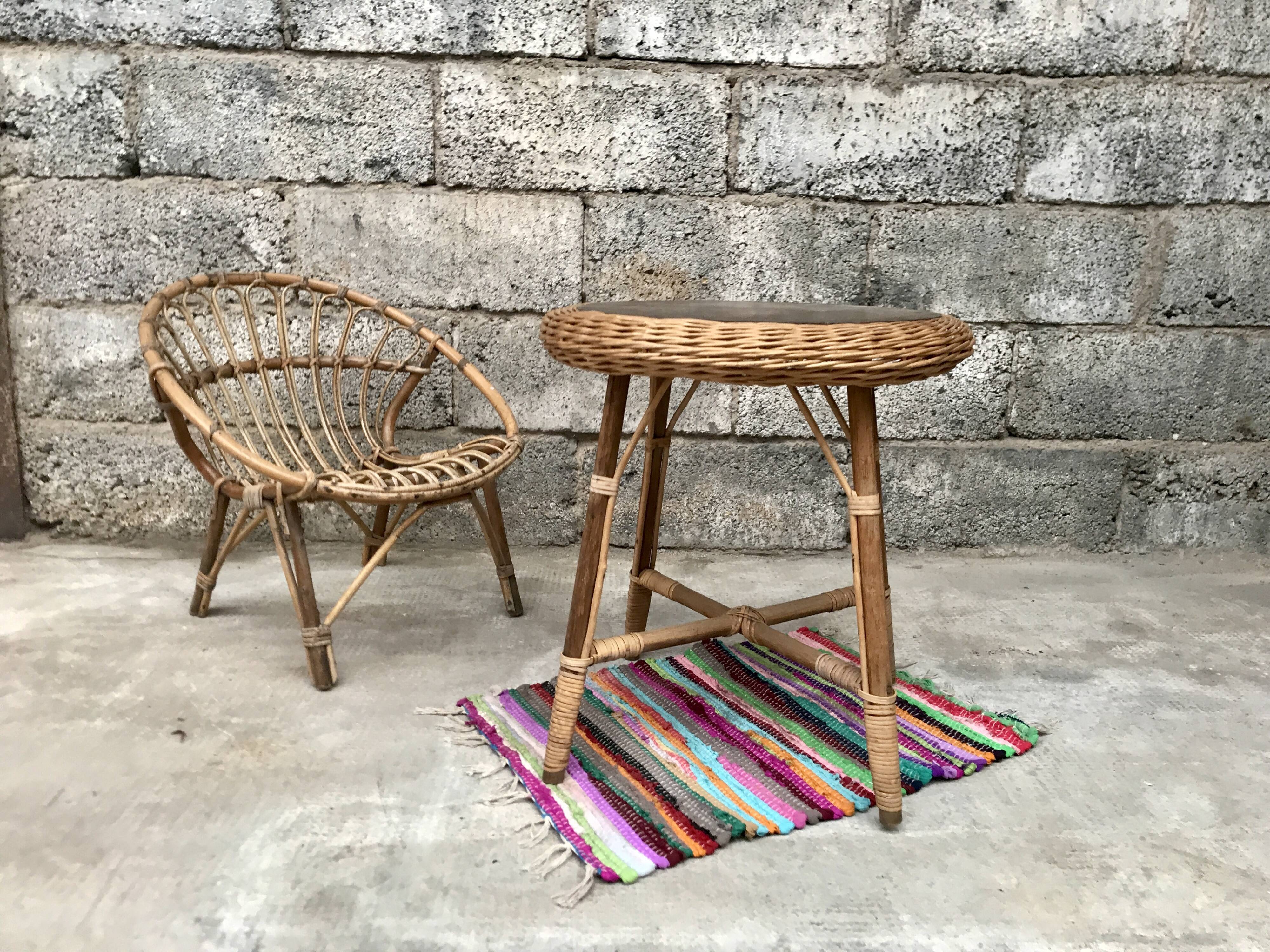 Vintage side table in bohemian old rattan wicker 1950