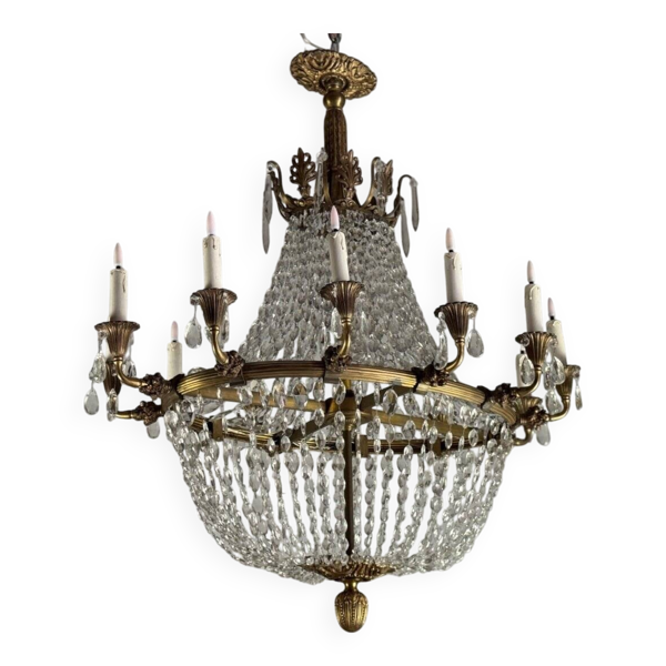 Lustre sac de perles et bronze de forme ovale, vers 1900
