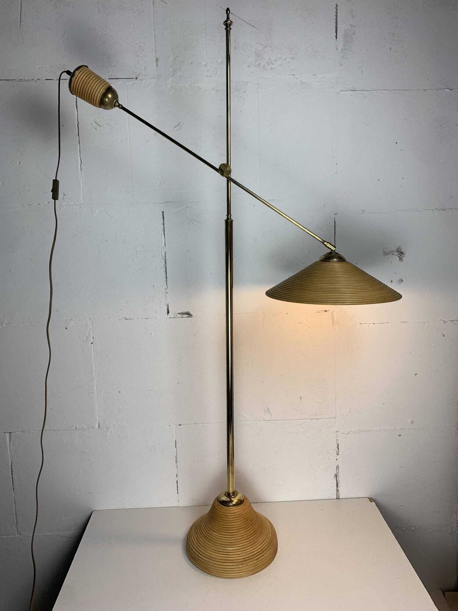 Italian Adjustable Floor Lamp in Pencil Reed, Bamboo, Rattan and Brass, 1970s