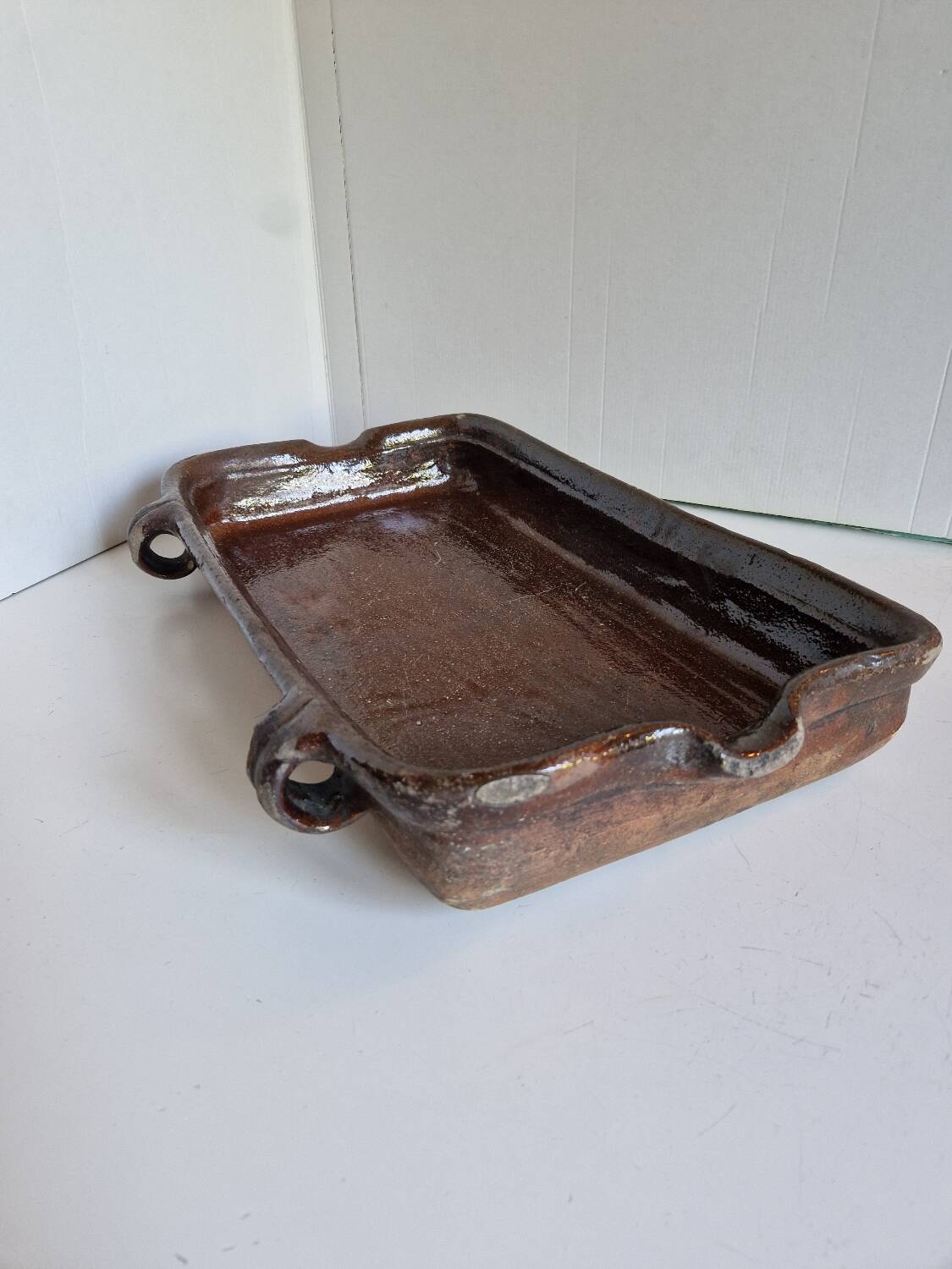 Ancien Plat À Jus Lechefrite 19e Terre Cuite Vernissée Art Populaire