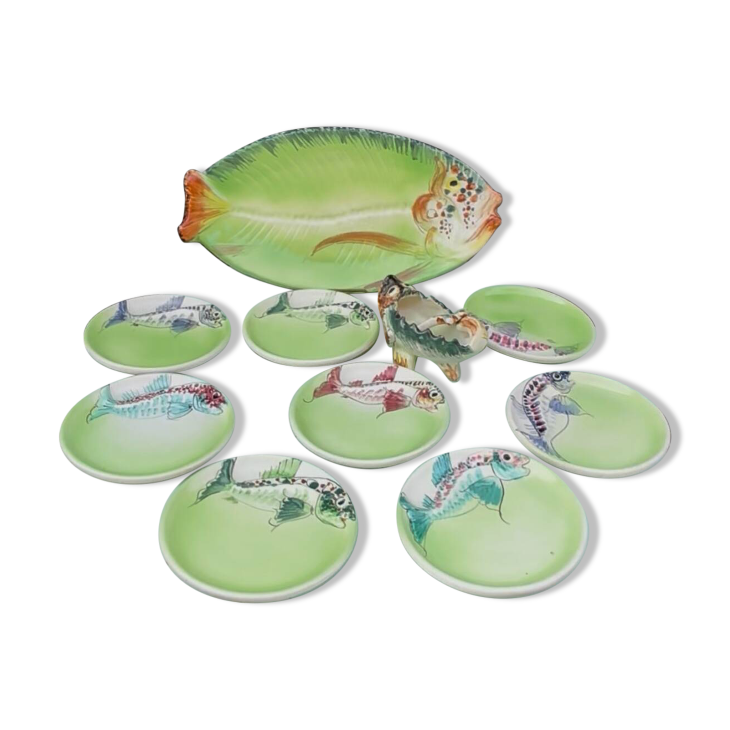Vintage Vallauris ceramic dinnerware set. Fish design. 1960s