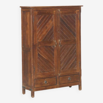 Armoire meuble buffet haut etroit 2 tiroirs bois vieux teck piece d'origine inde