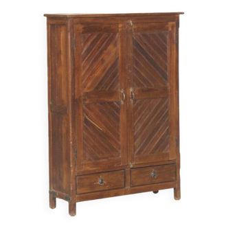 High narrow sideboard cabinet with 2 drawers in old teak wood, original piece from India