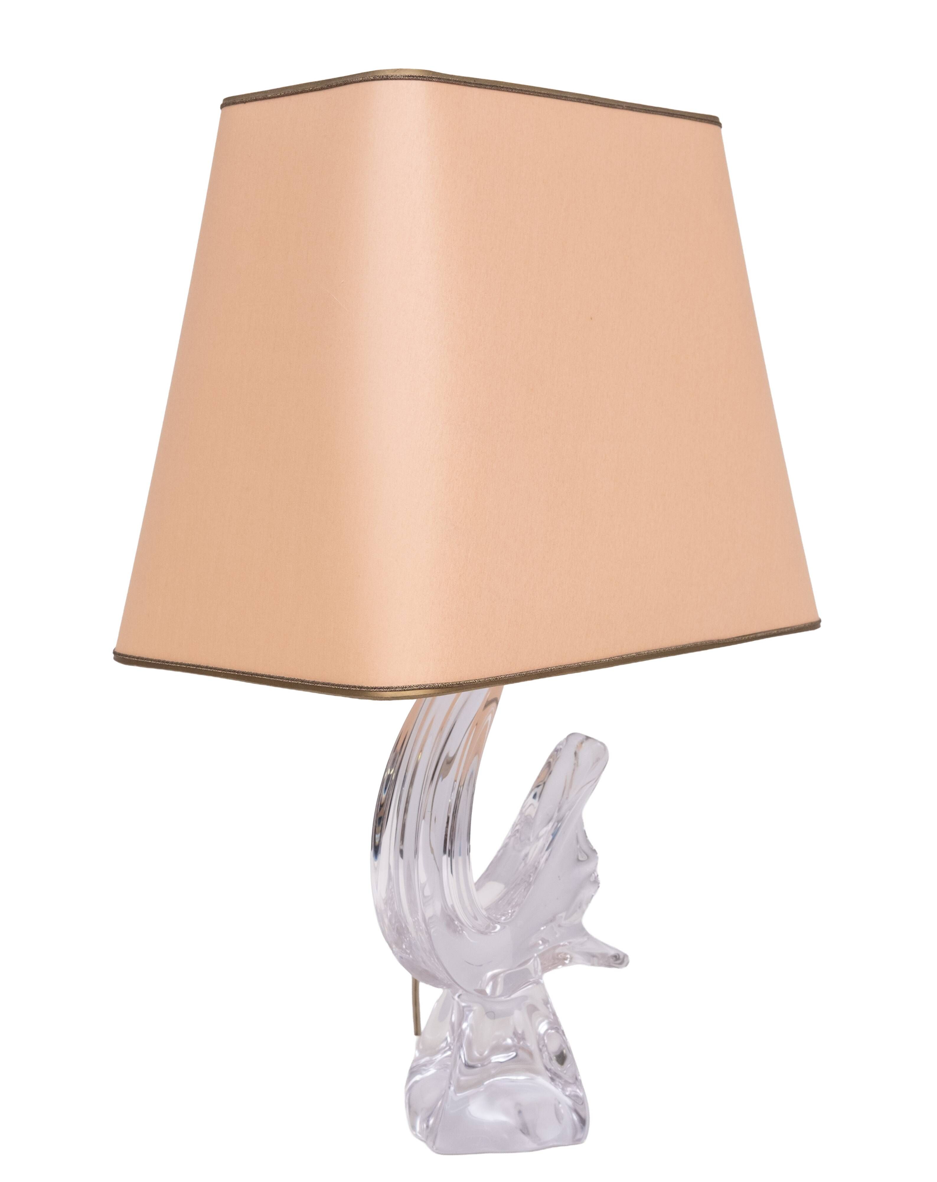 Daum Crystal Glass Bird Table Lamp, Vintage 1960s, France, Oval Shade