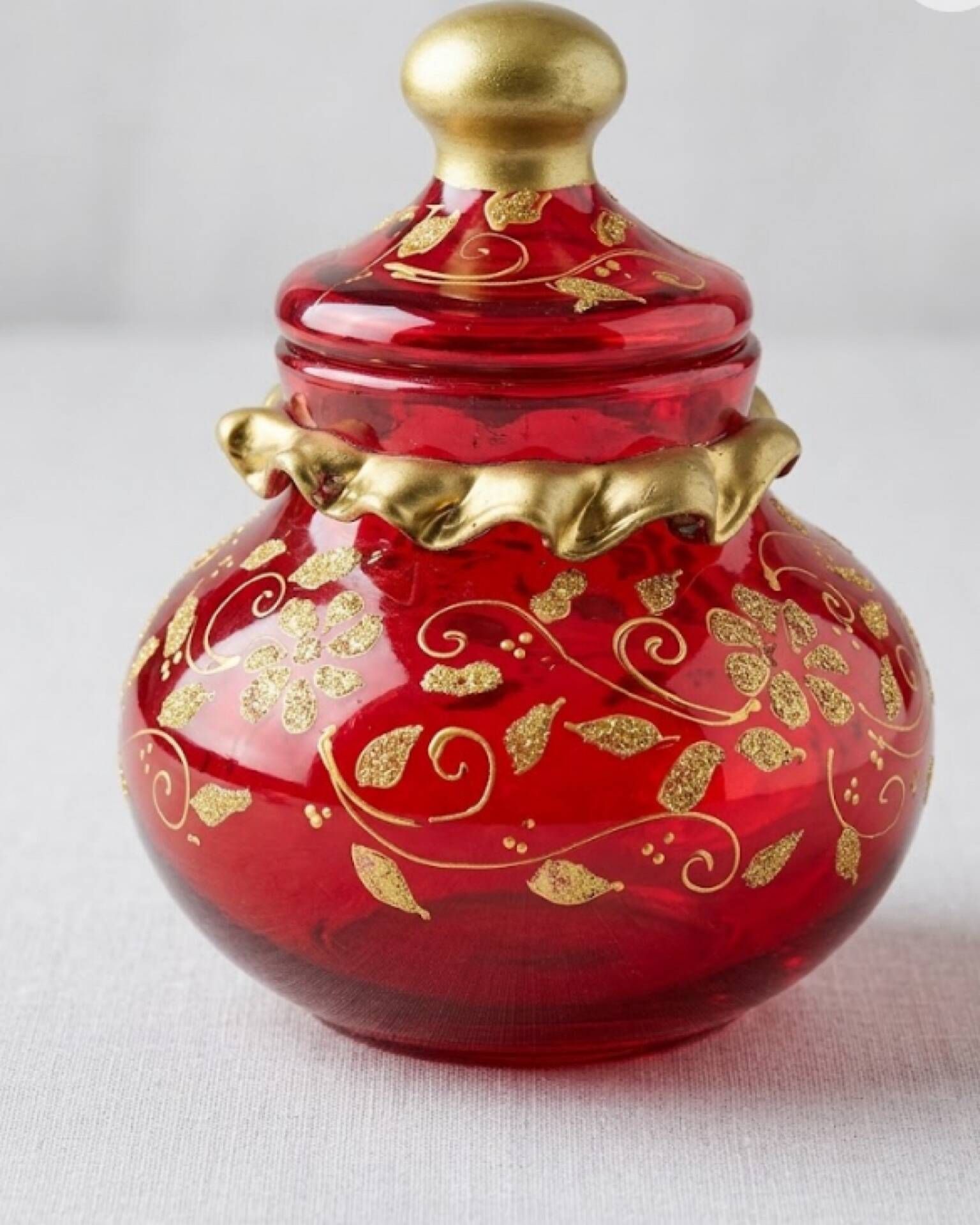 Antique ruby red glass sweet jar with floral gilding – Decorat