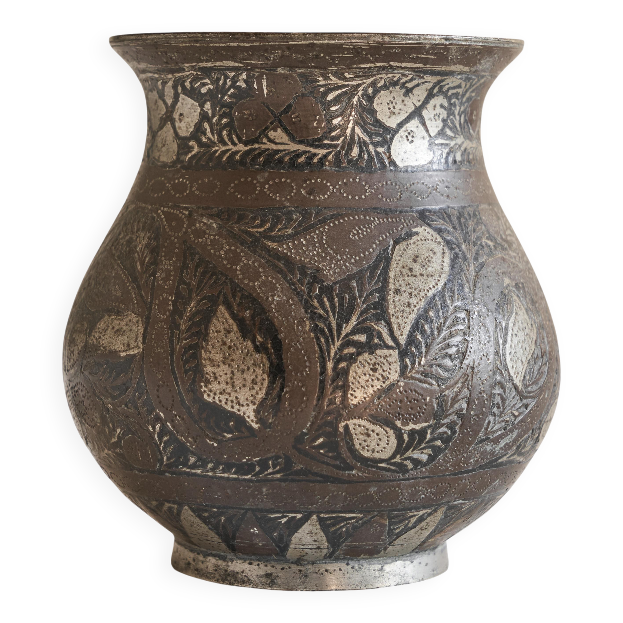 Antique pyriform Bidri vase in the shape of a pyramid.