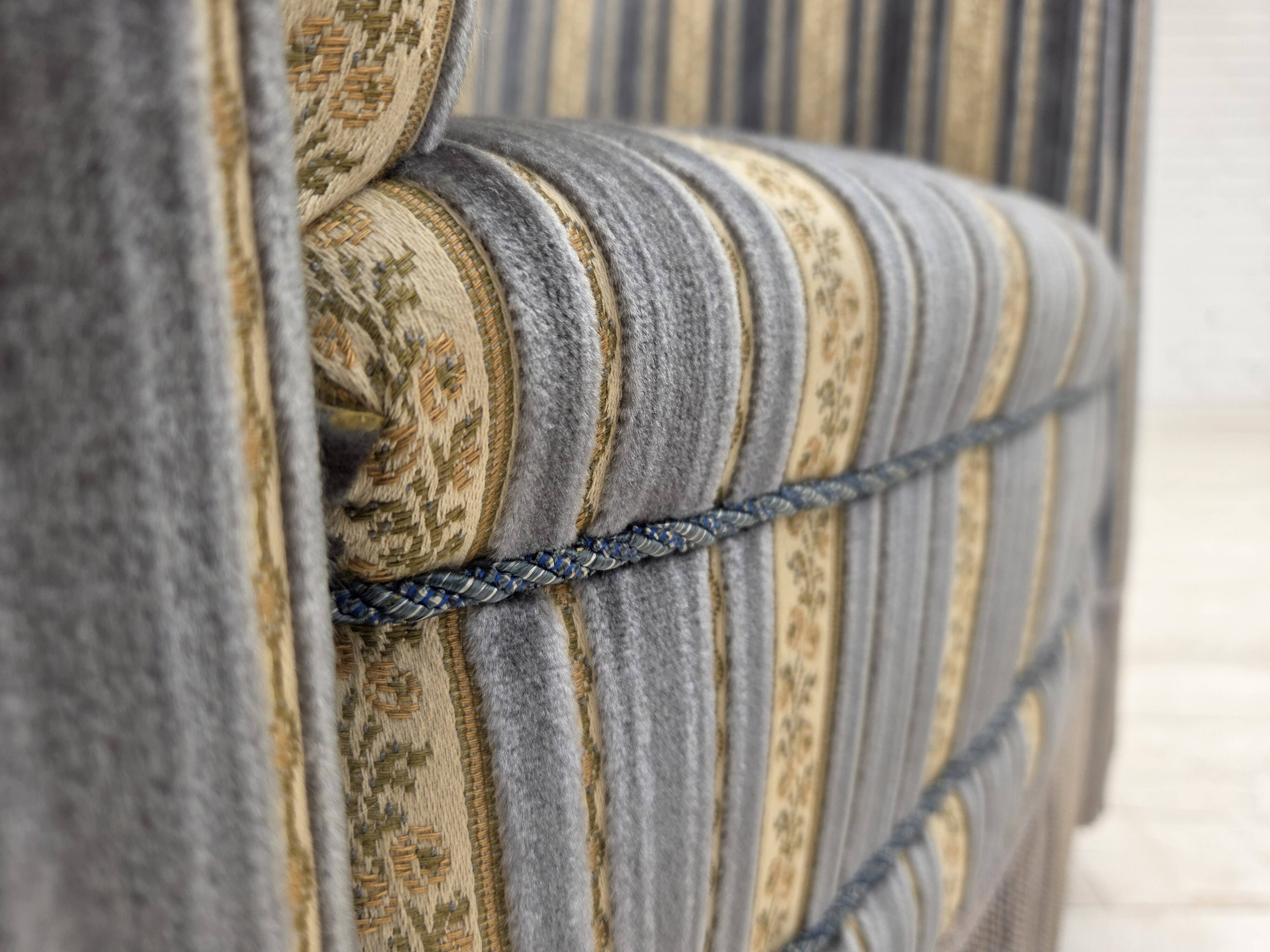 1960s, Danish lounge chair, blue/beige furniture velour, beech wood legs.