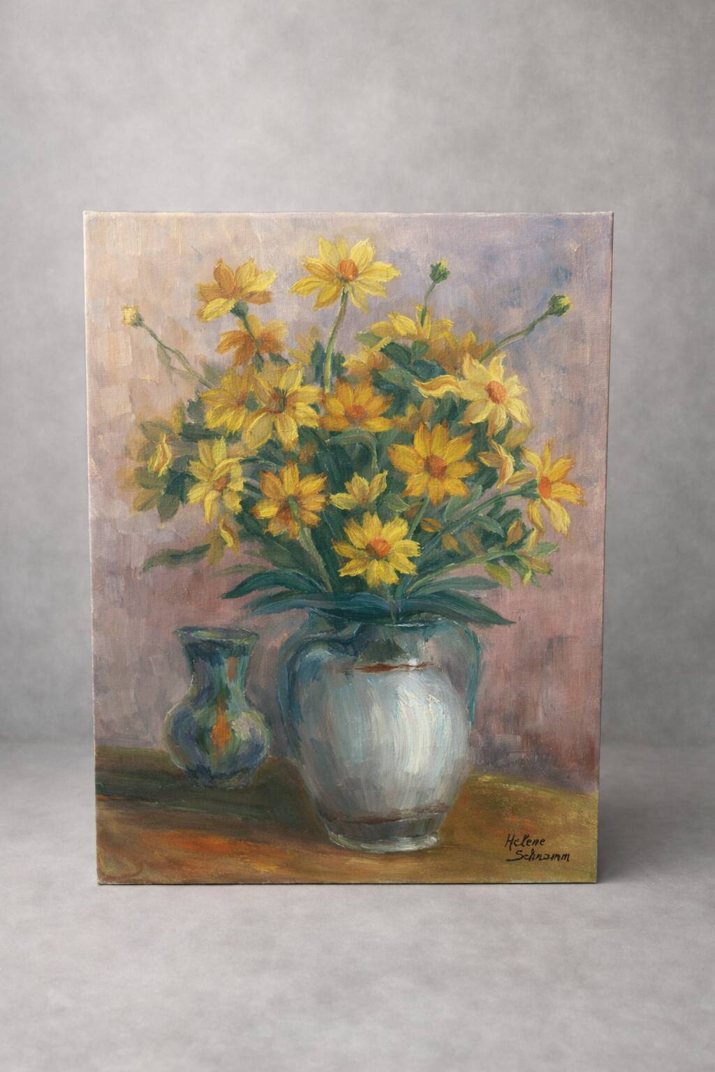 Still life with yellow flowers – oil on canvas signed H. Schramm – 46 x 3