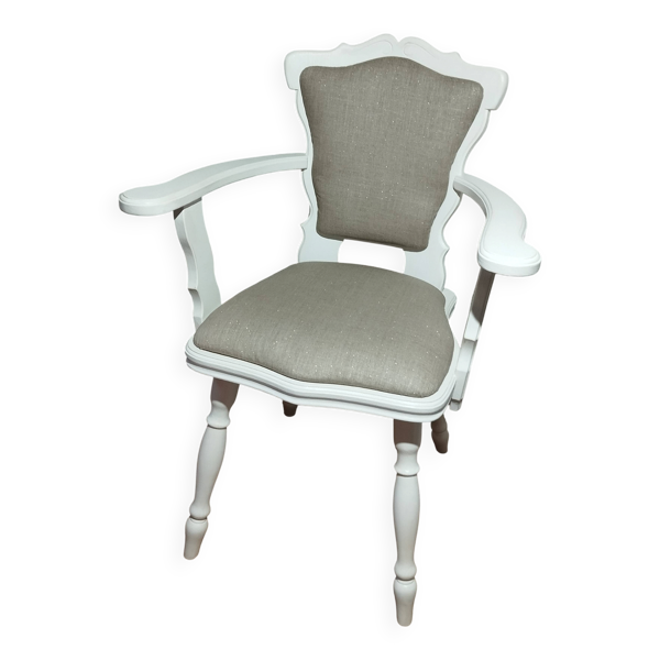 Fauteuil romantique rénové – Chêne massif, blanc satiné & lin naturel
