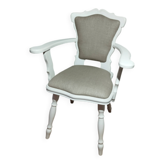 Renovated romantic armchair – Solid oak, satin white & natural linen