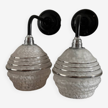 Pair of white, black and silver Art Deco wall lights