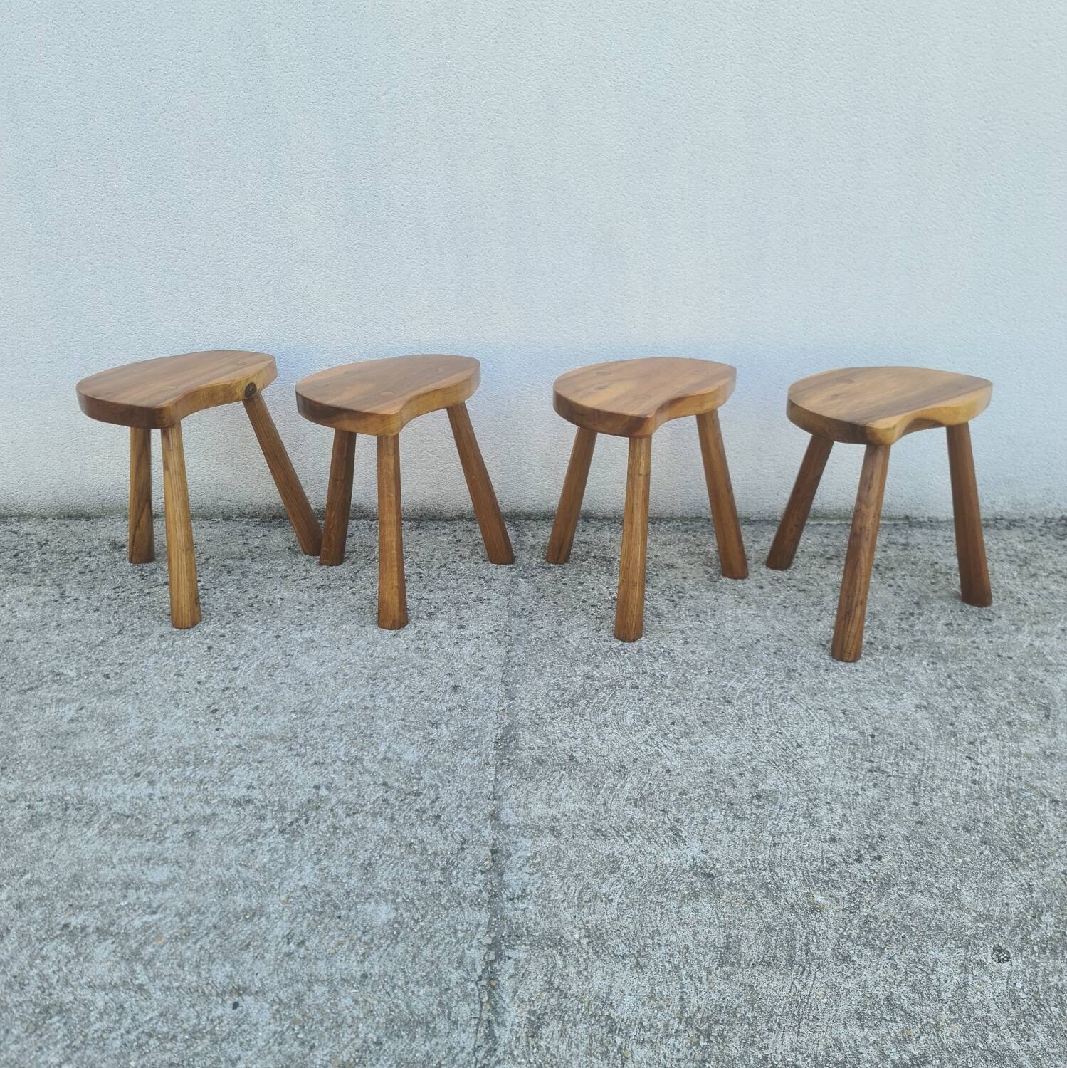 4 Vintage tripod stools, solid wood, brutalist, circa 1960