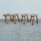 4 Vintage tripod stools, solid wood, brutalist, circa 1960