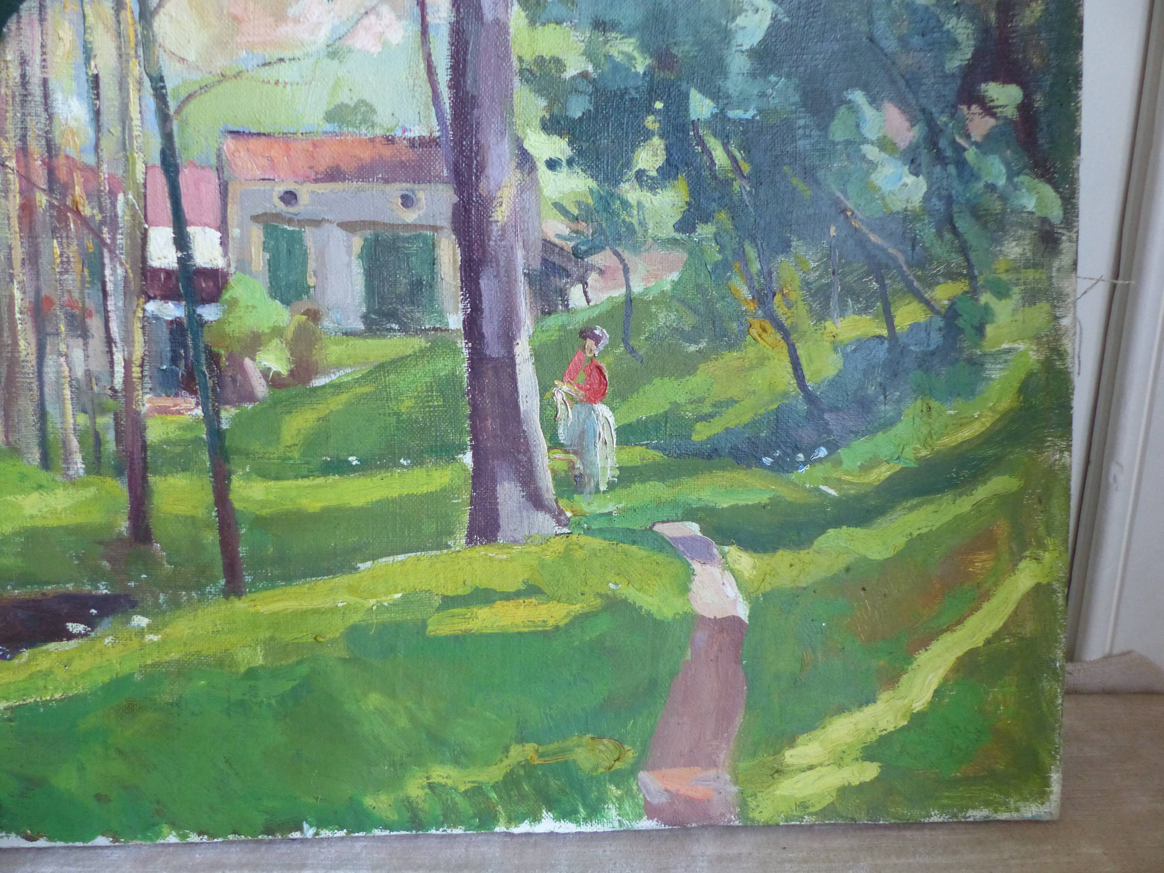 Oil on canvas, houses in the park