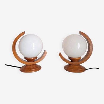 Pair of wooden bedside lamps