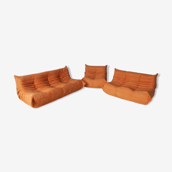 Set of 3 togo sofas in orange fabric model designed by Michel Ducaroy 1973